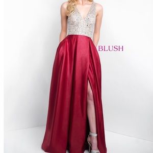 BLUSH Long V-Neck Prom Dress w/Slit Sangria 11552